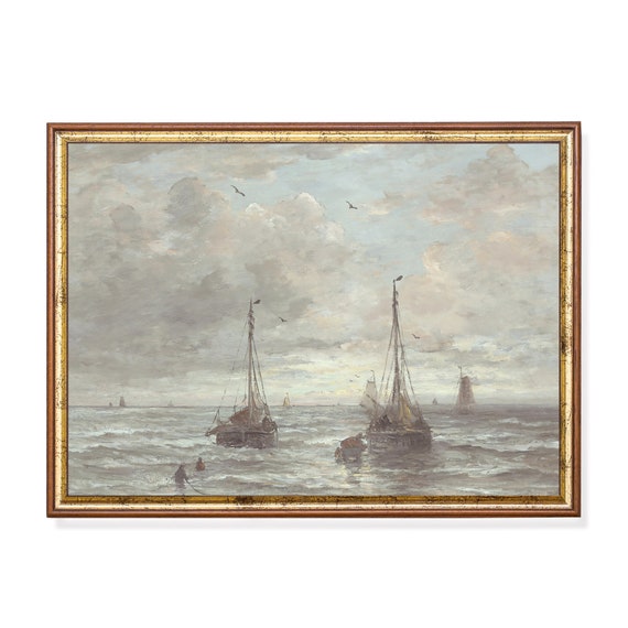 Muted Sailboat Watercolor Painting Antique Lake House Print Wall Art Neutral Artwork Nautical Decor