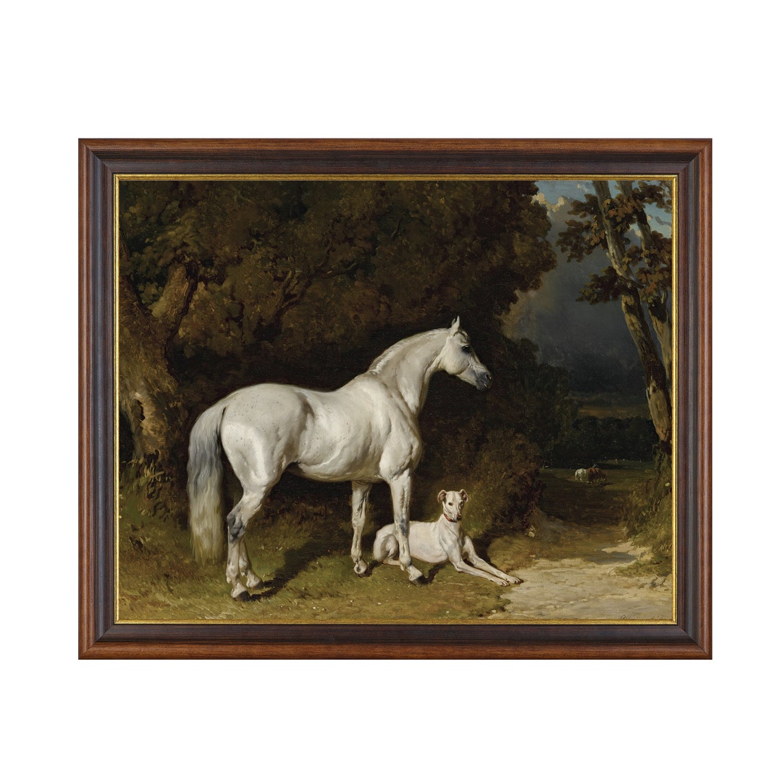 White Horse with Greyhound in Dark Woods Vintage Equestrian Poster - Image 3