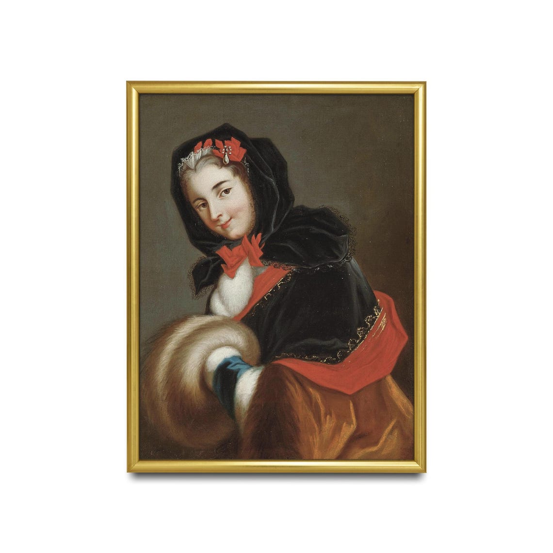 Lady in Fur Muff Red Ribbons Antique Winter Portrait Art Poster - Image 2