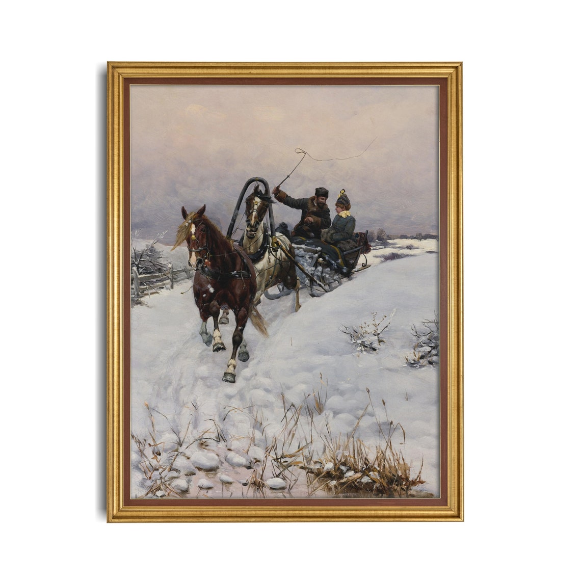 Horse Drawn Sleigh Ride Racing Across Snowy Fields Vintage Poster - Image 2