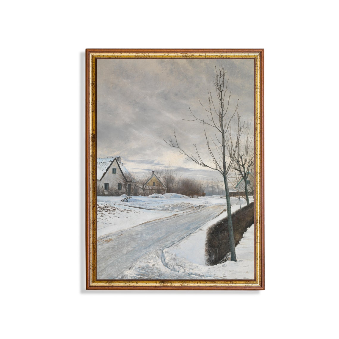 Snow Covered Village Street Cottages Beneath Grey Winter Sky Poster