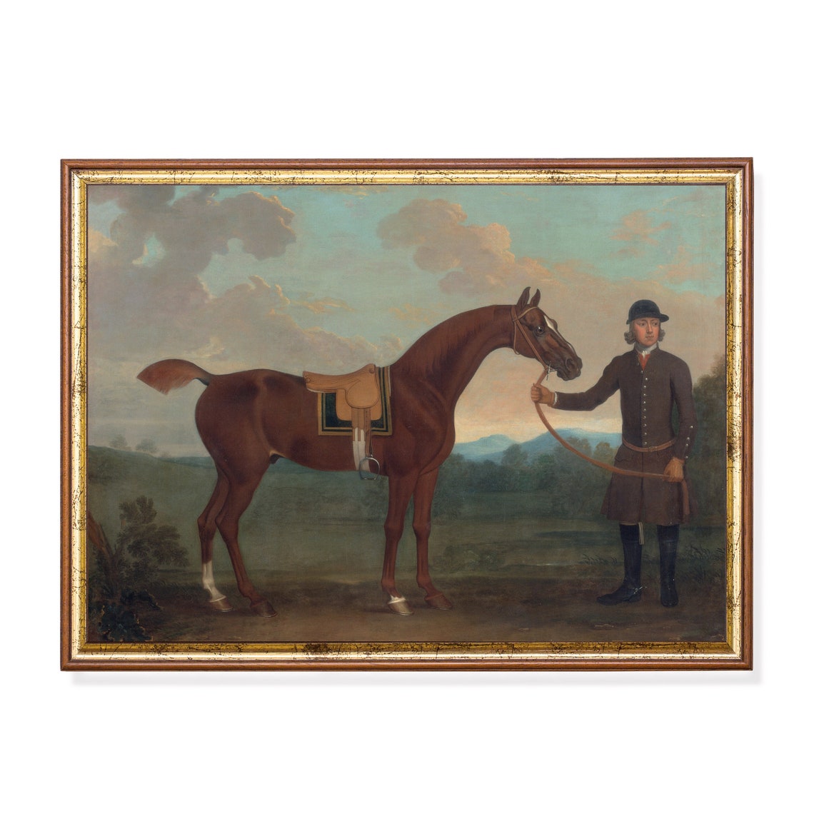 Stable Groom Holding a Saddled Bay Horse in Open Country Poster