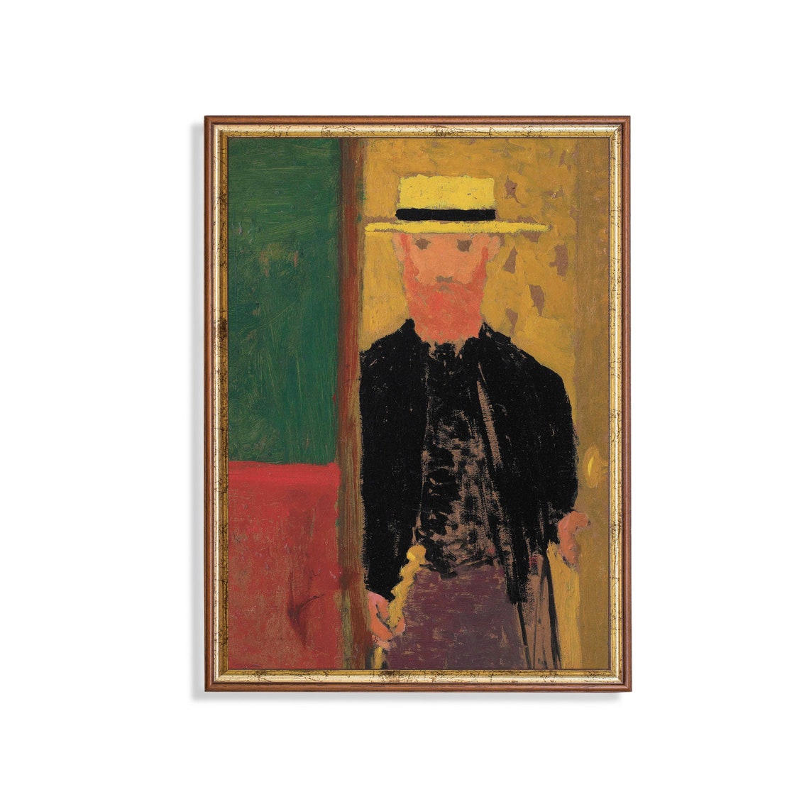 Man With Straw Boater Hat Bold Fauvist Portrait Painting Poster