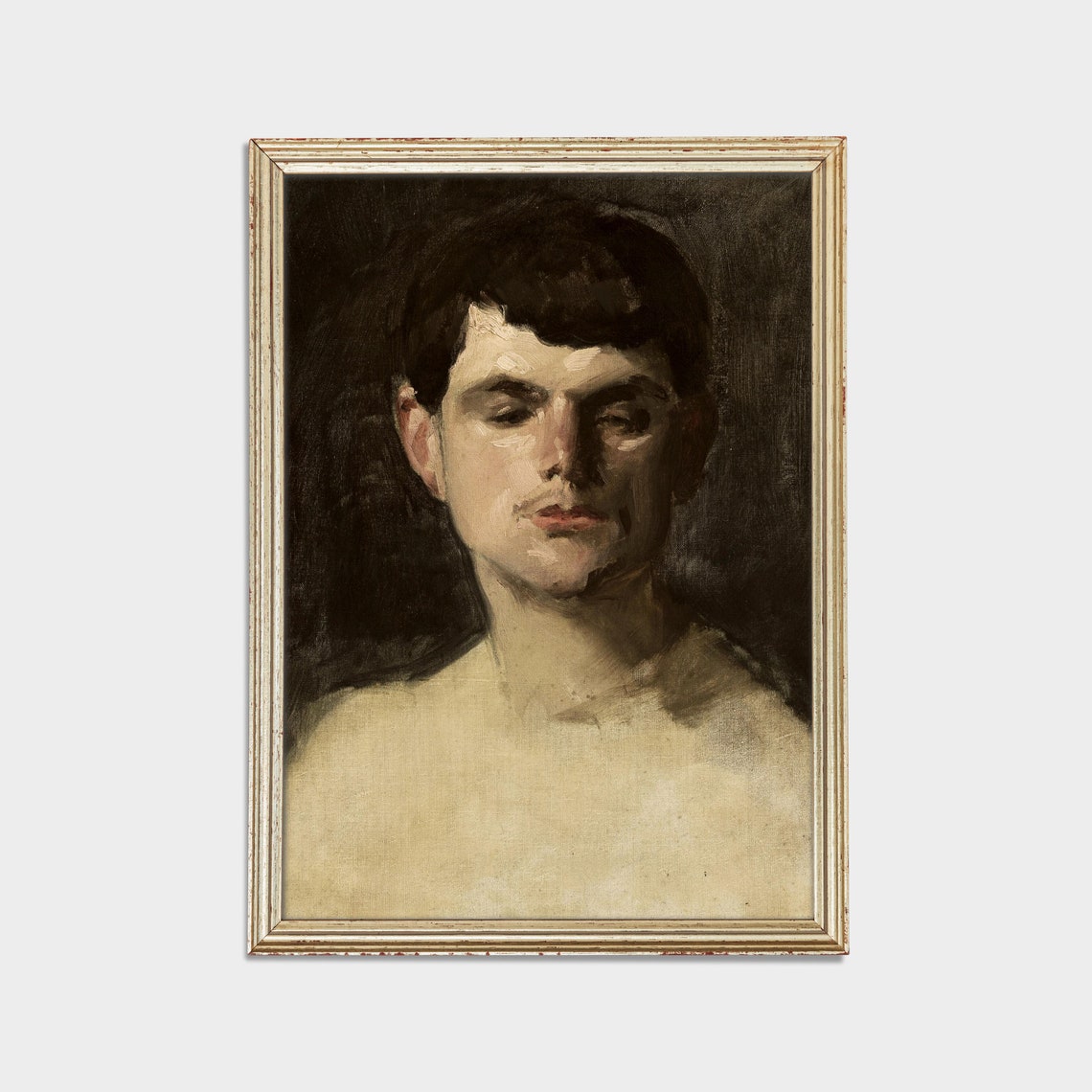 Brooding Young Man in Dark Antique Oil Painting Portrait Poster - Image 2