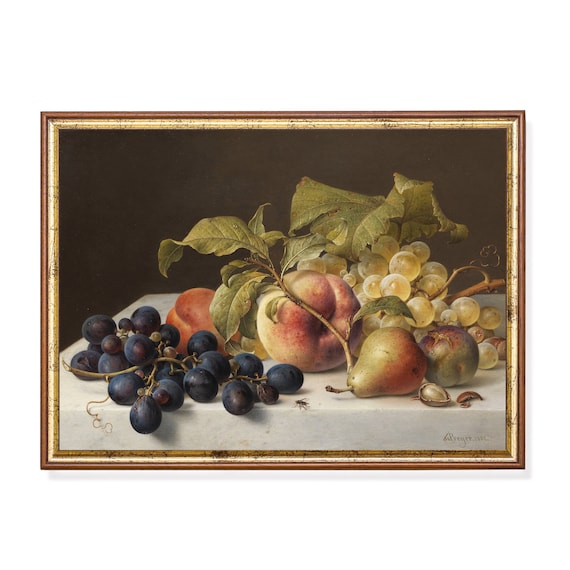 Vintage Still Life With Fruits Antique Fruits Painting Kitchen Farmhouse Decor Wall Art Rustic Fine Art