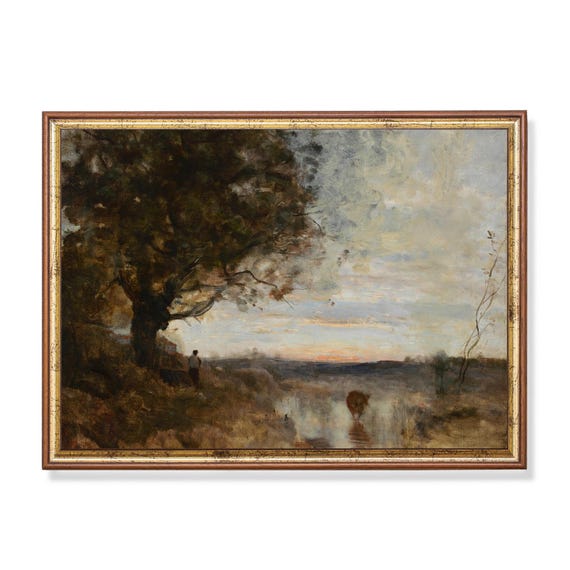 Printed And Shipped Landscape Painting Vintage Moody Rustic Print Antique Nature Print Farmhouse Decor Sunrise Artwork