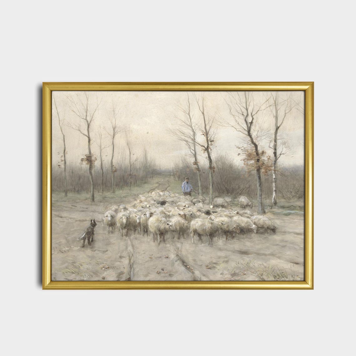 Shepherd Leading Sheep Flock Sandy Path Bare Trees Vintage Art Poster - Image 2