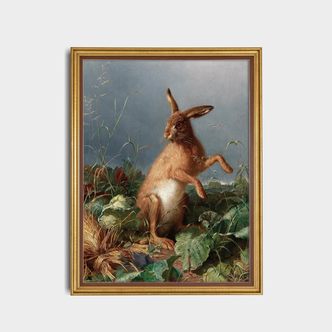 Brown Hare Standing Alert in Tall Grass Vintage Wildlife Poster - Image 3