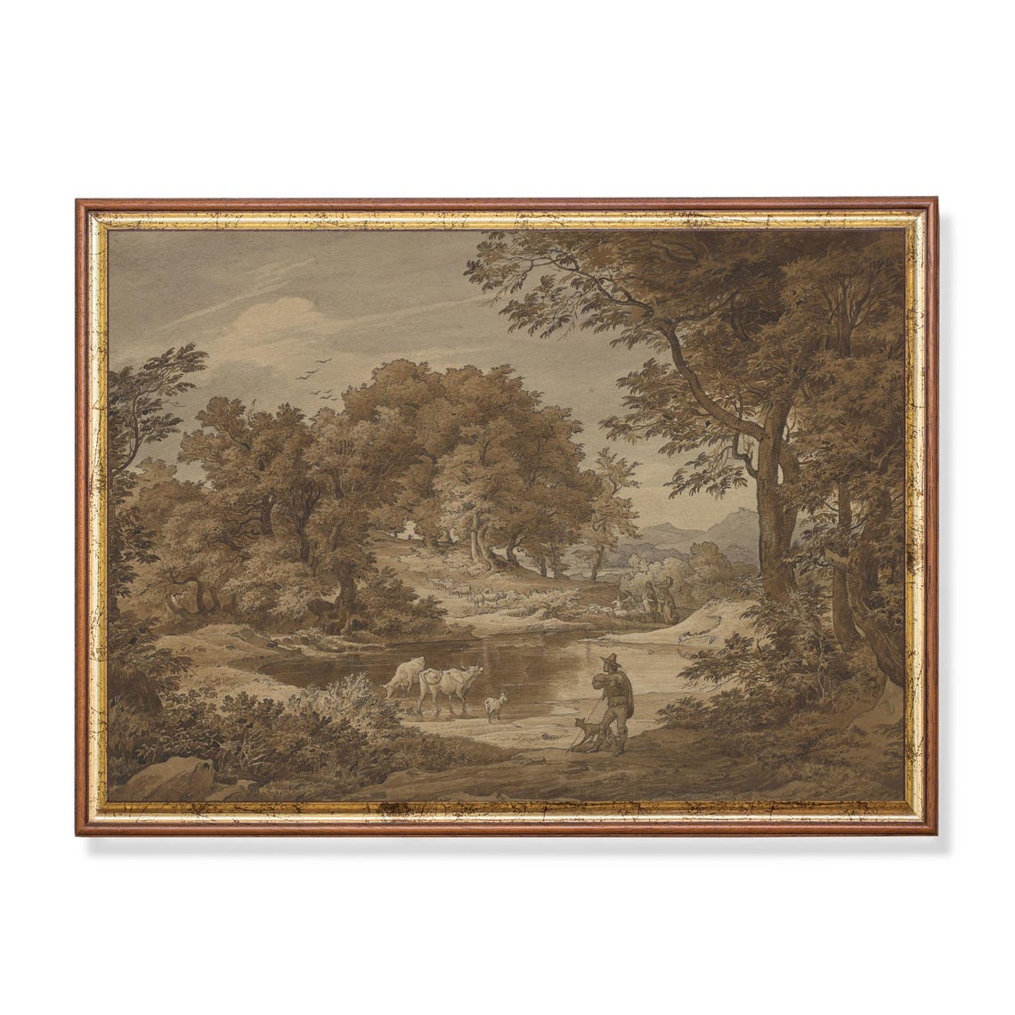 Herdsman with Cattle at a Woodland Pond Vintage Sepia Sketch Poster