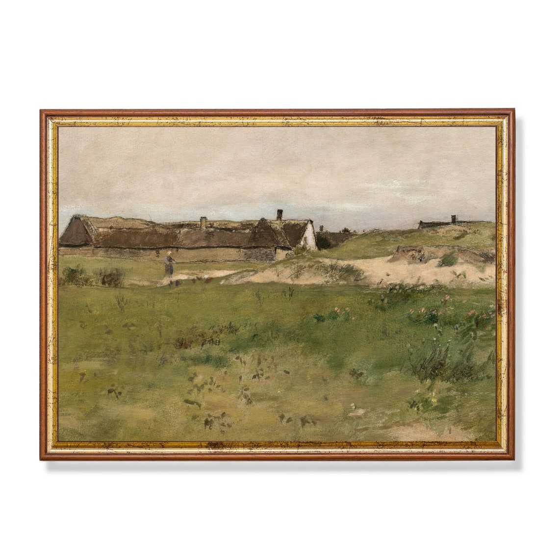 Thatched Dune Cottages Antique Coastal Landscape Painting Poster