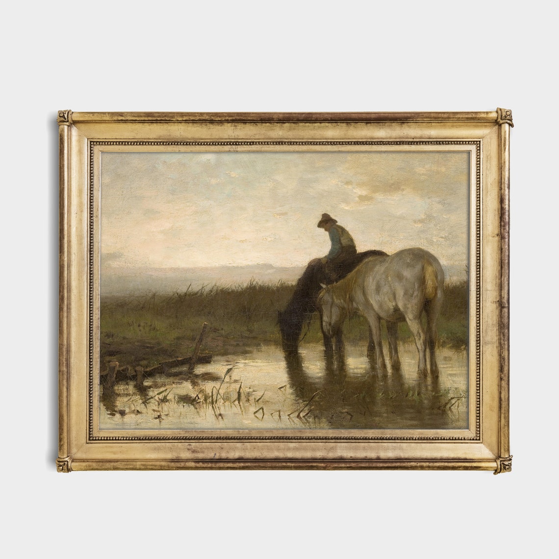 Rider Watering Horses at Dusk Antique Equestrian Painting Art Poster - Image 2