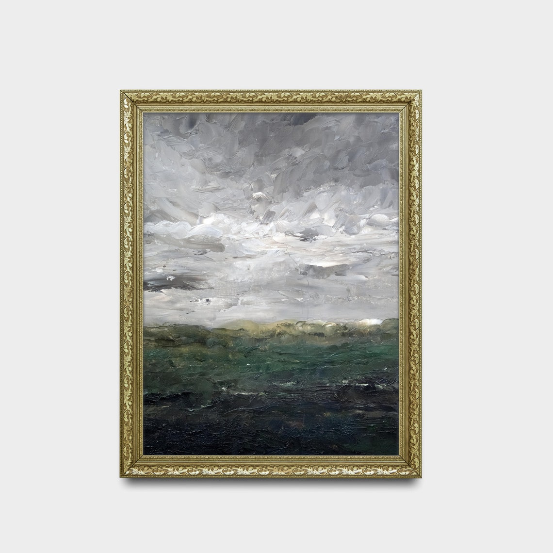 Grey Sky Over a Dark Green Sea Textured Oil Painting Art Poster - Image 2