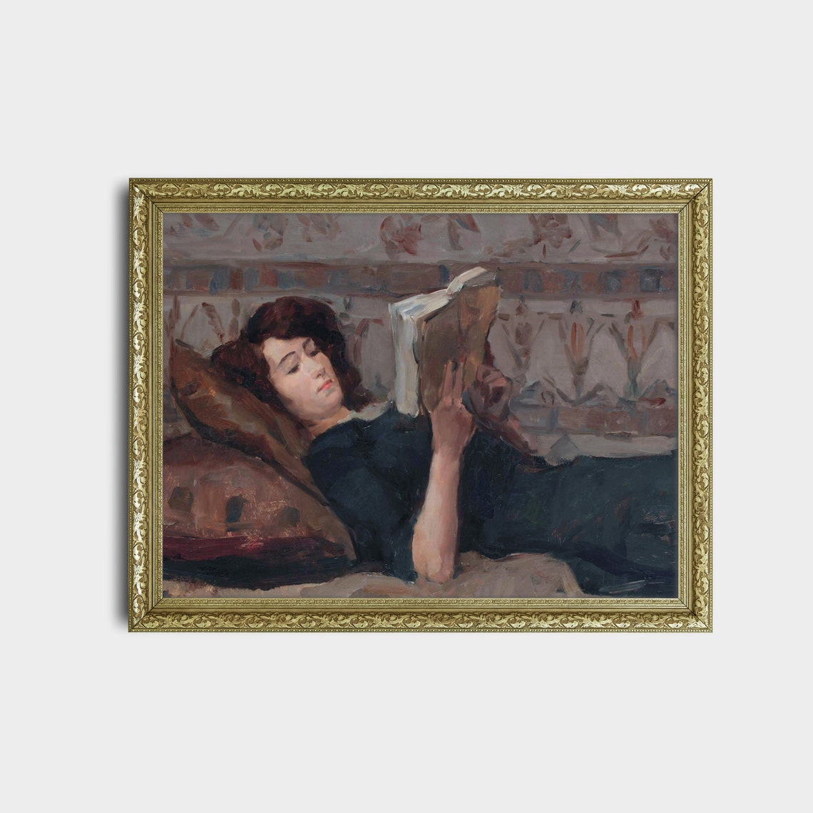 Woman Reading on a Chaise Longue Patterned Wallpaper Vintage Oil Print - Image 2