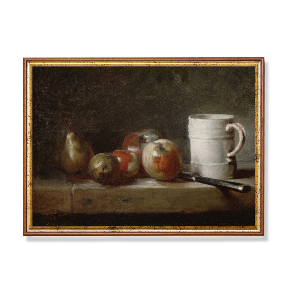 Apples Pears and a White Jug Moody Still Life Vintage Oil Poster