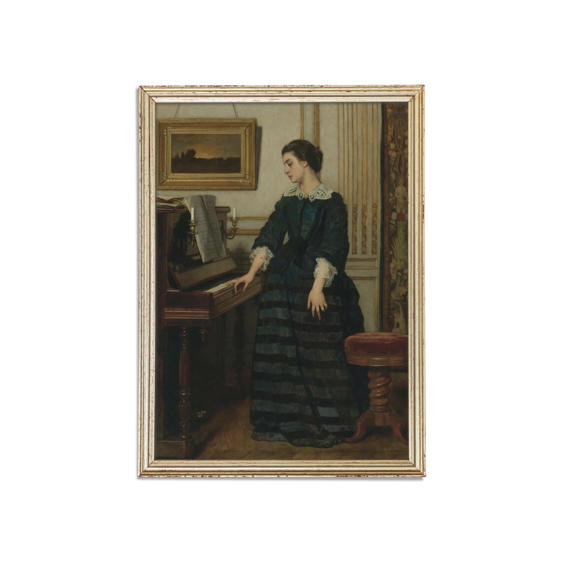 Victorian Woman At The Piano Antique Interior Portrait Painting Poster - Image 3
