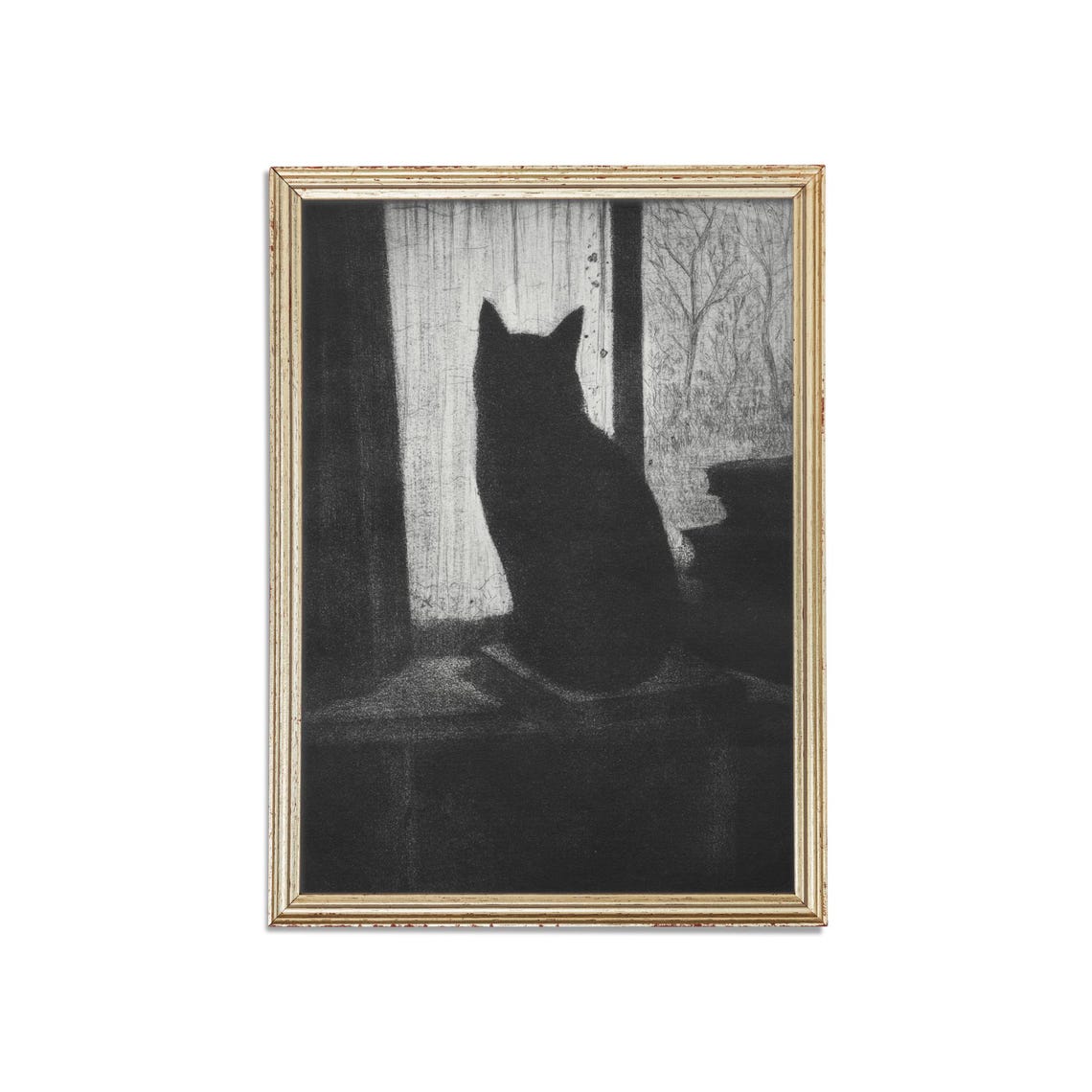 Black Cat Silhouette by a Window Dark Charcoal Sketch Poster - Image 3