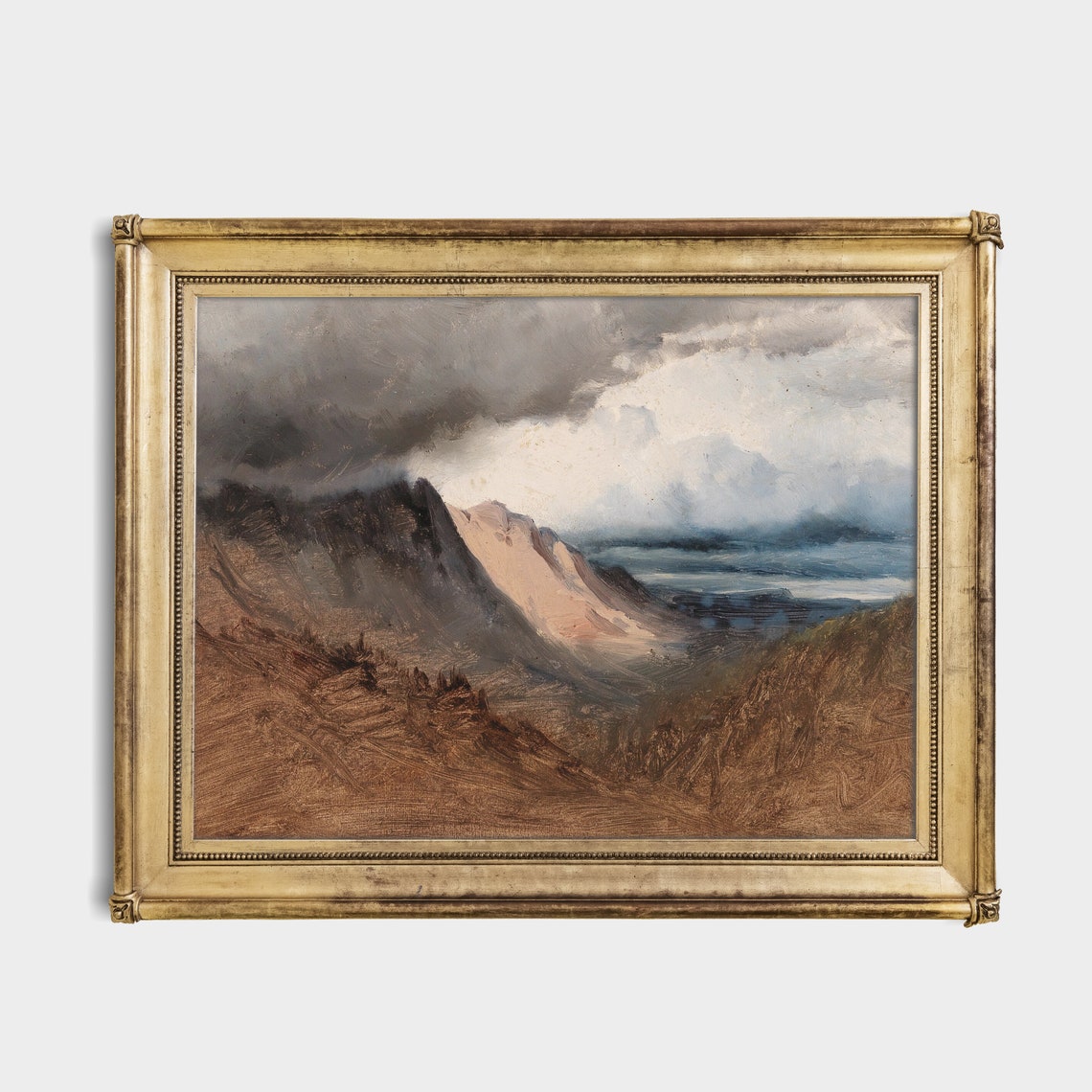 Moody Storm Mountain Pass Distant Sea Rugged Vintage Painting Poster - Image 2