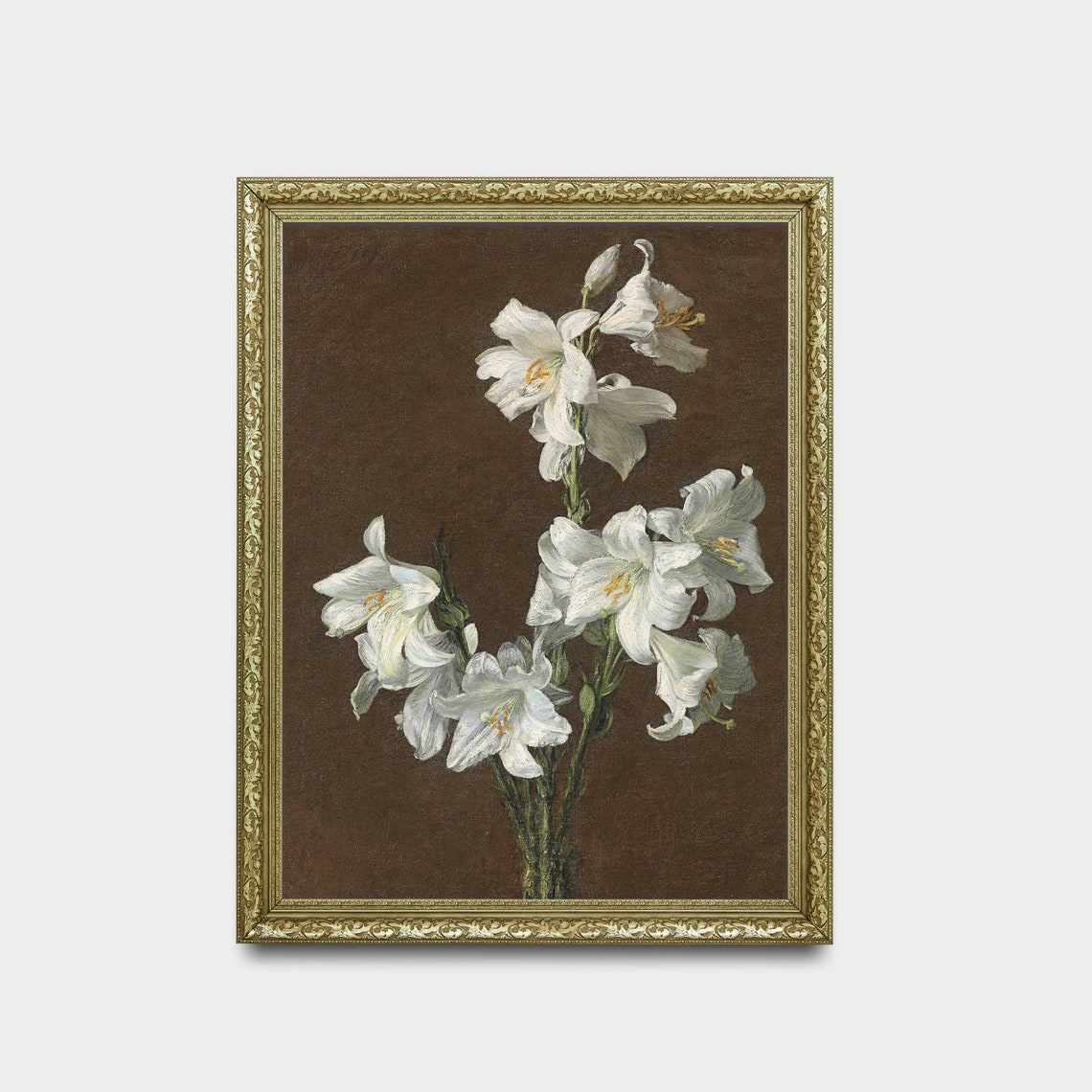 White Lilies on a Brown Ground Vintage Botanical Still Life Poster - Image 2