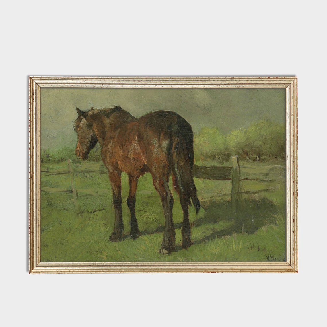 Brown Horse Grazing in a Pasture Vintage Equestrian Art Poster - Image 2