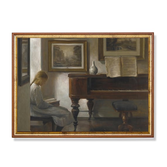 Young Girl Reading Beside Grand Piano Vintage Interior Art Poster