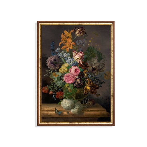 Still Life Painting Vintage Wall Art Moody Rustic Wall Decor Art Floral Oil Painting Flower Still Life
