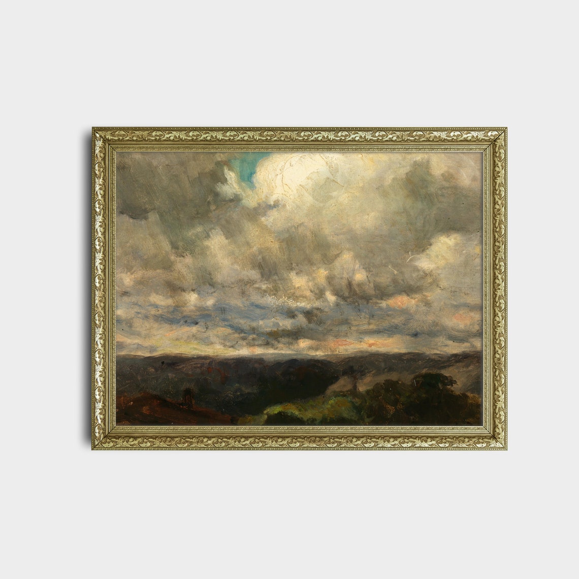 Dramatic Cloudy Sky Over Dark Hills Vintage Oil Painting Poster - Image 2