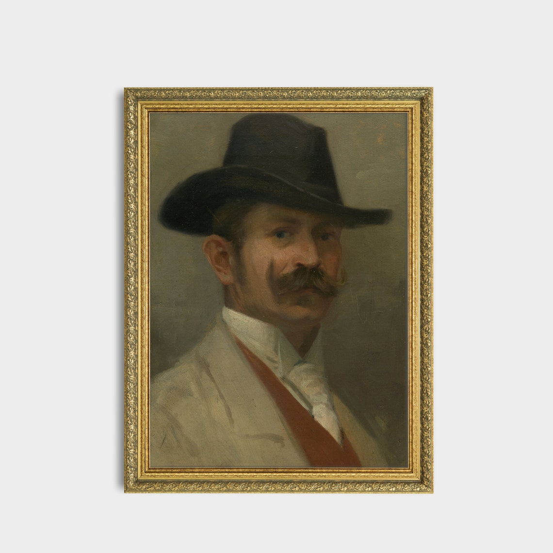Gentleman With Black Hat and Mustache Vintage Oil Portrait Poster - Image 2
