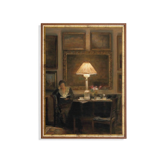 Vintage Woman Reading Book Portrait, Rustic Art Print