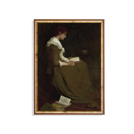 Woman in Green Dress Reading with Books Piled at Her Feet Poster