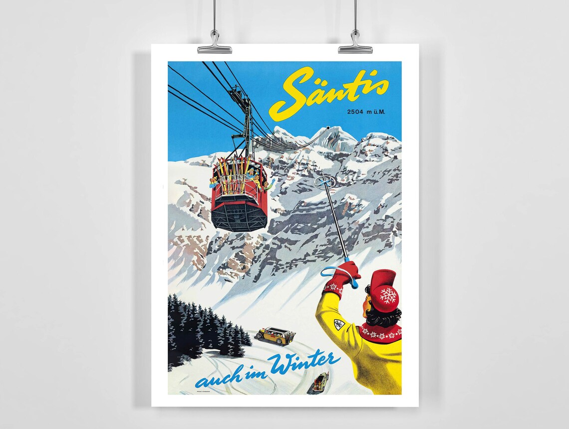 Sntis Mountain Switzerland Vintage Ski Travel Poster