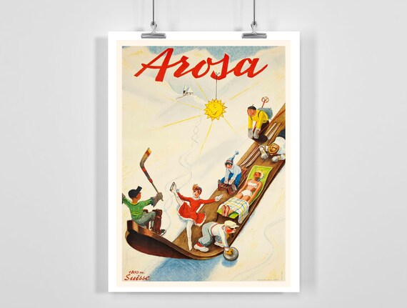 Arosa Switzerland Vintage Ski Travel Poster