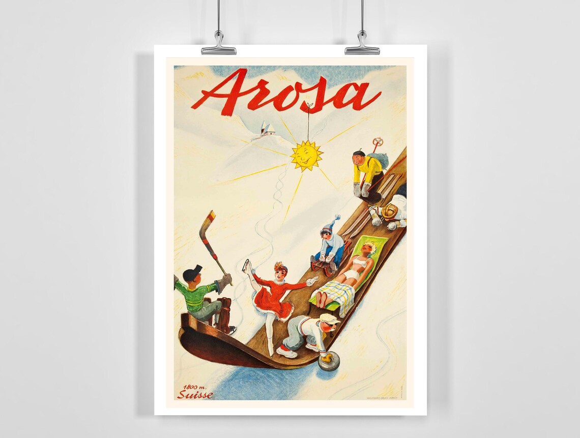 Arosa Switzerland Vintage Ski Travel Poster