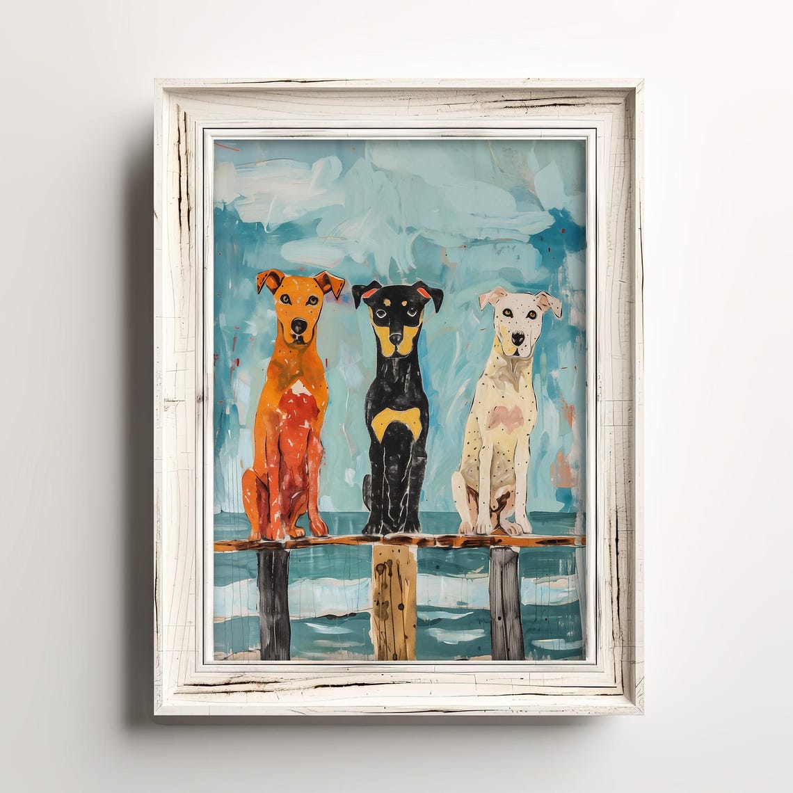 Boardwalk Dogs Poster With Three Happy Pups By The Ocean Shore