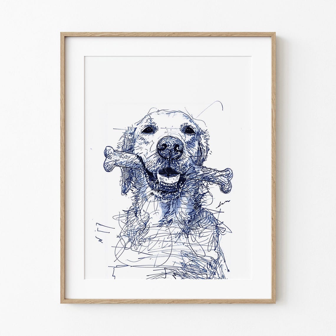 Golden Retriever Holding Bone Blue Ink Happy Dog Sketch Art Poster