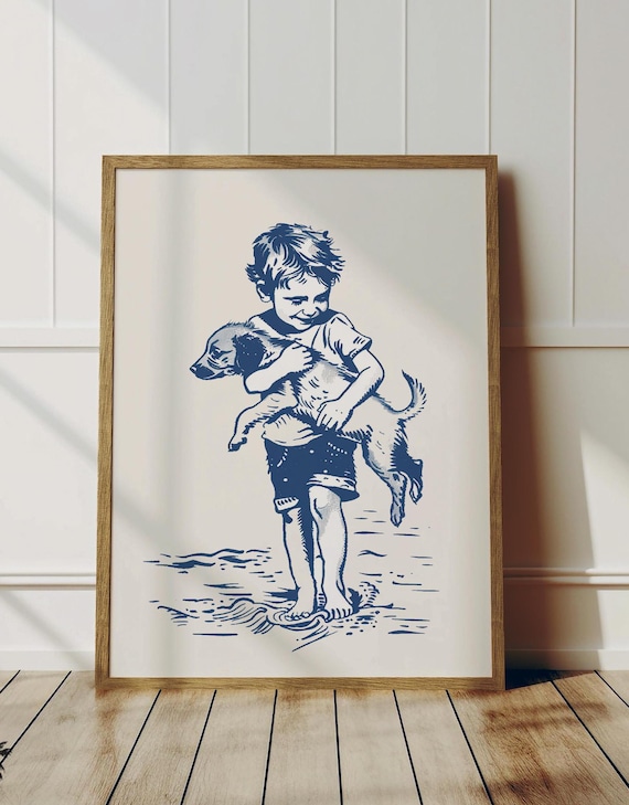 Boy Carrying Puppy Navy Blue Sketch Beach Day Coastal Nursery Poster