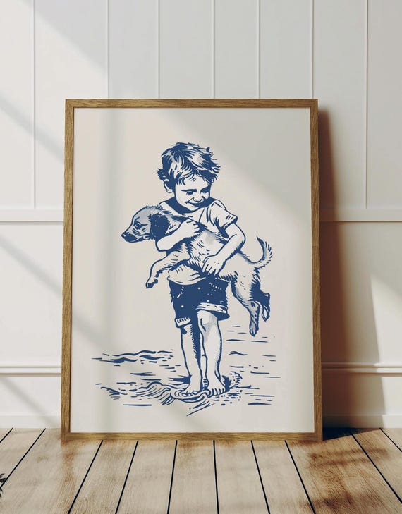 Puppy Carried By Boy Vintage Beach Day Coastal Nursery Wall Art For Lovers Simplistic Navy Blue Sketch Home Decor