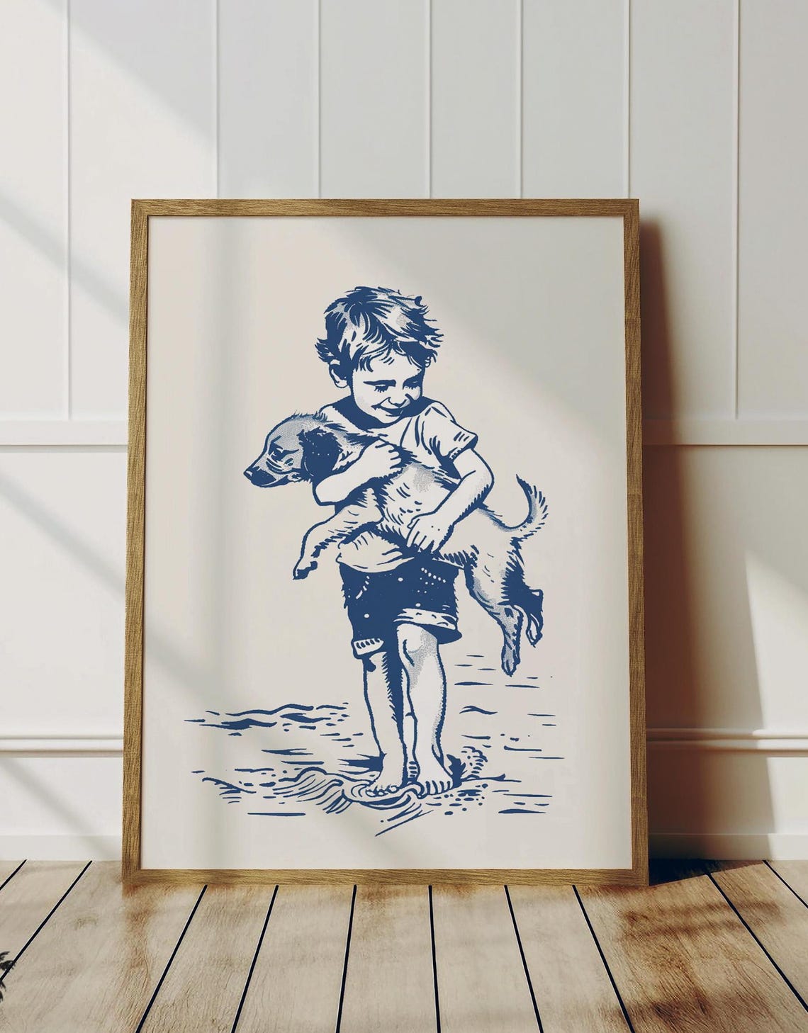 Boy Carrying Puppy Navy Blue Sketch Beach Day Coastal Nursery Poster