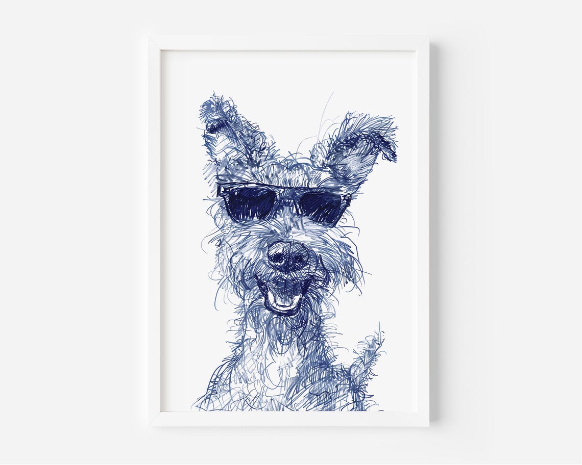 Smiling Terrier In Sunglasses Blue Ink Sketch Funny Dog Poster