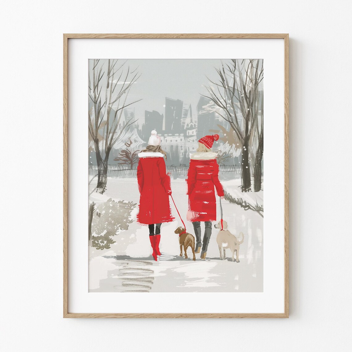 Elegant Dog Park Walk Winter Best Friends, Art Print