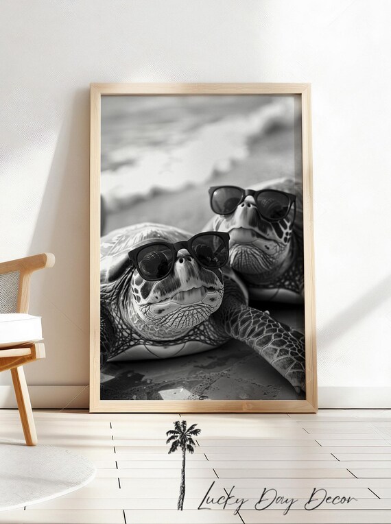 Two Sea Turtles in Sunglasses Black and White Beach Ocean Photo Poster
