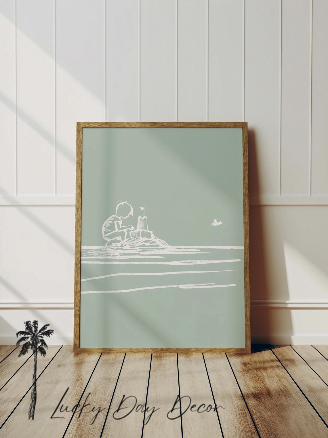 Boy Sand Castle Beach Day Art Print, Coastal Nursery