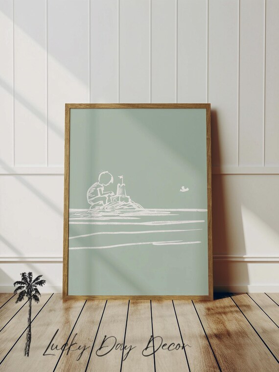Boy Sand Castle Beach Day Art Print, Coastal Nursery