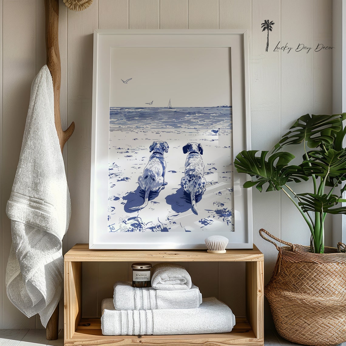 Two Dogs Watching the Ocean Blue Ink Beach Sketch Art Poster