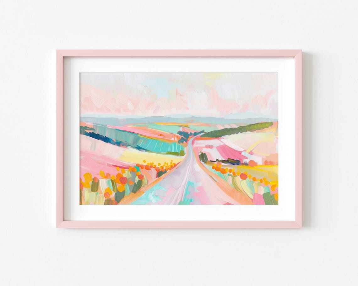 Pastel Countryside Road Wildflower Field Abstract Landscape Poster