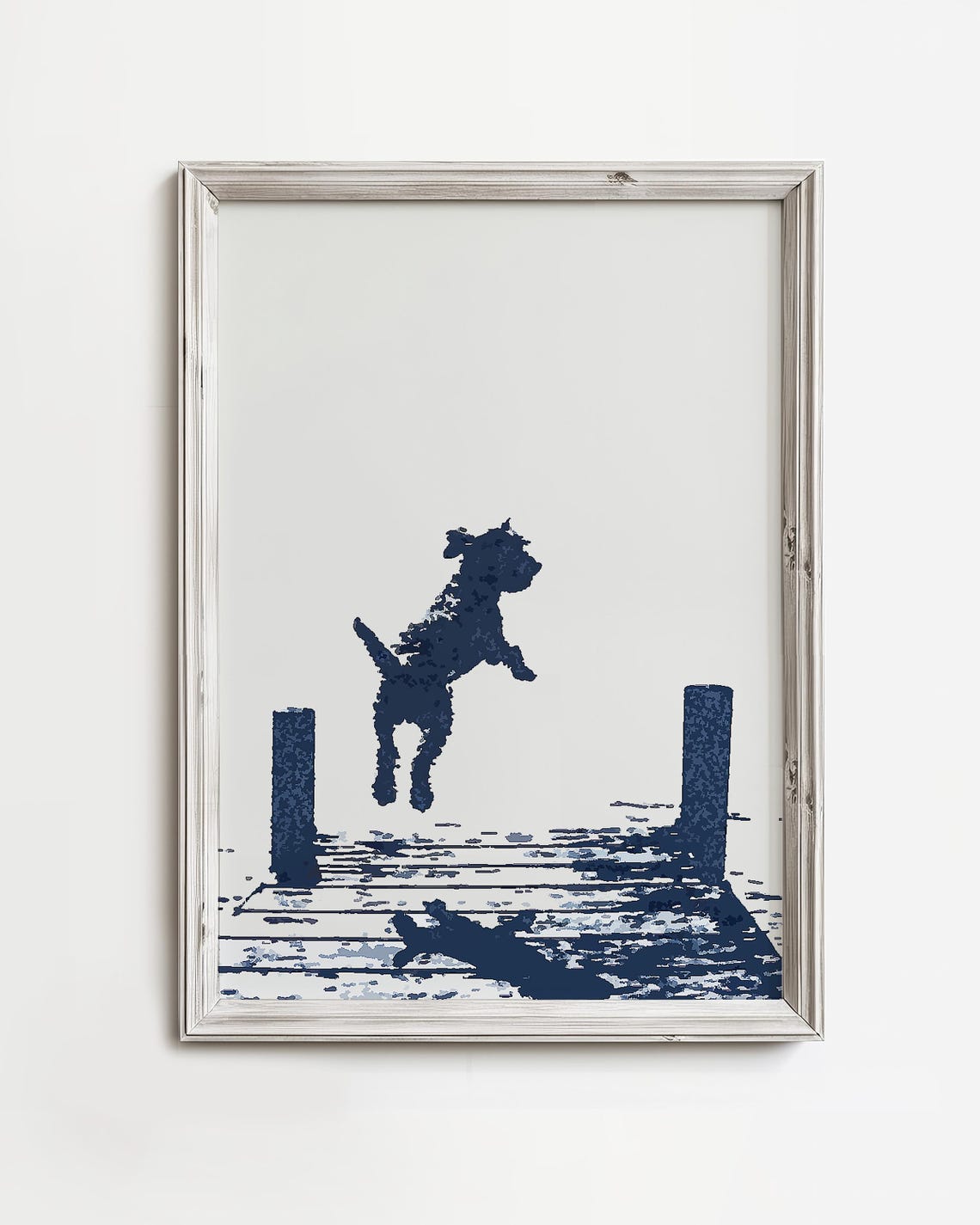 Airedale Doodle Dog Jumping Dock Dive Navy Ink Summer Beach Poster