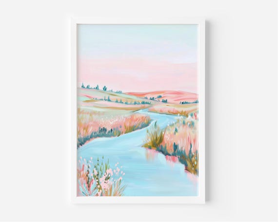 Pastel Pink Meadow River Painting Colorful Art Landscape Print Scenic Peaceful Relaxing Home Wall Decor Water