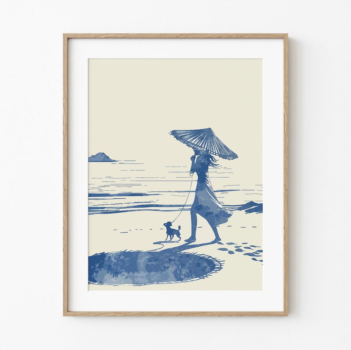 Woman with Parasol Walking Small Dog on Beach Blue Art Poster