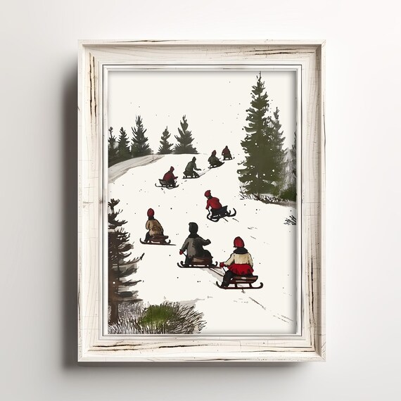 Children Sledding Snowy Hill Vintage Farmhouse Christmas Poster