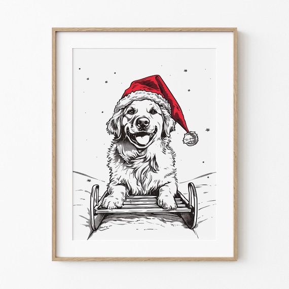 Golden Retriever in Santa Hat Riding a Sled Christmas Dog Drawing Poster