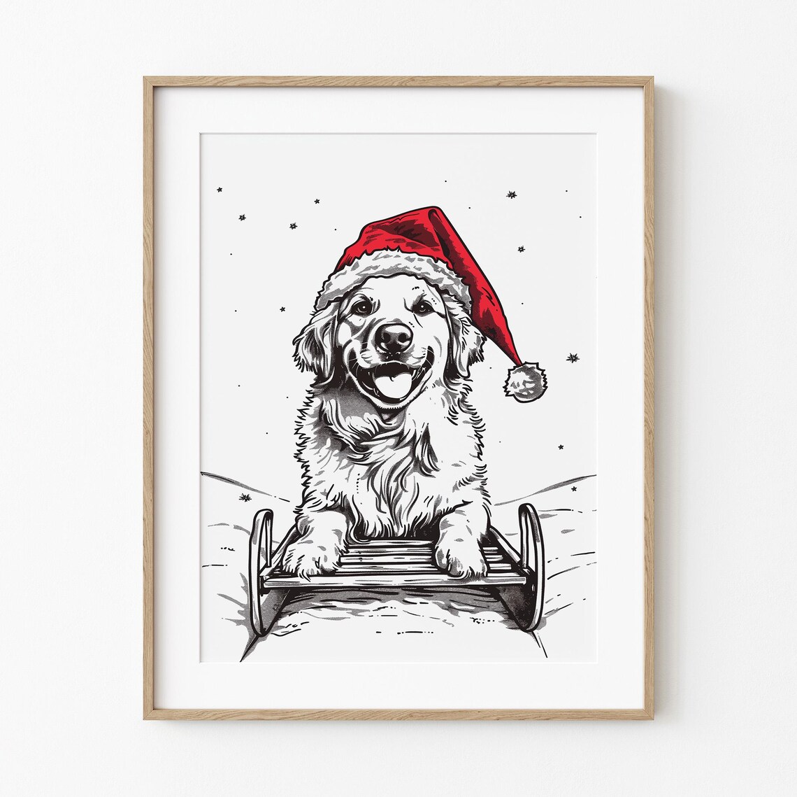 Golden Retriever in Santa Hat Riding a Sled Christmas Dog Drawing Poster